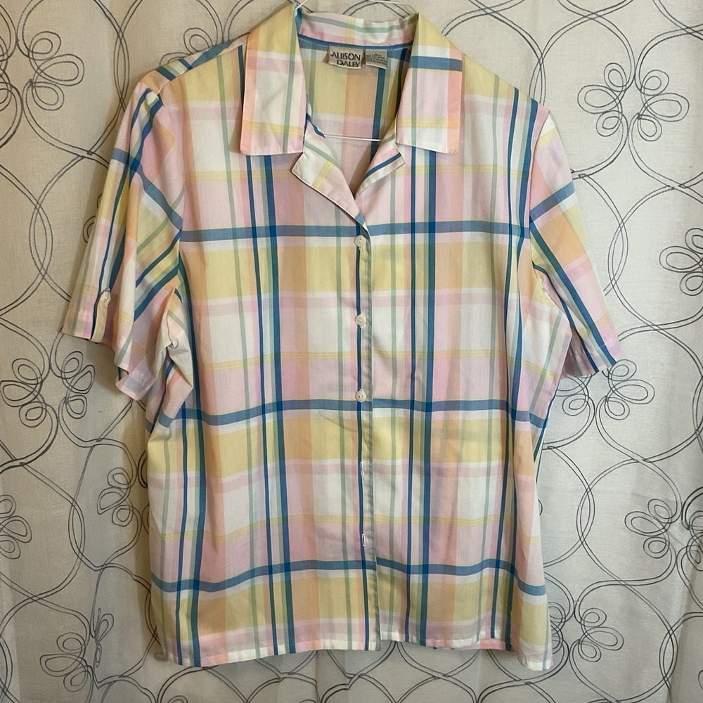 Women's Allison Daley Multicolor‎ Plaid Short Sleeve Button Up Shirt Size Large